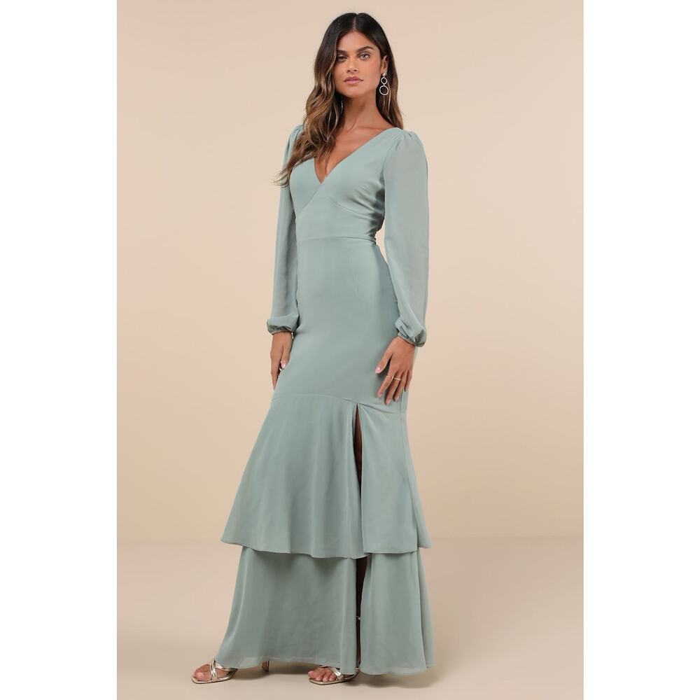 Lulus Tier Elegance Dress Women's Sage Brush Maxi Long Sleeve Tiered NWT L - Picture 4 of 8